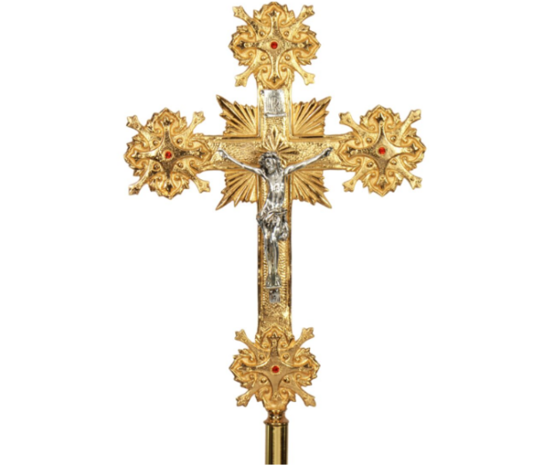 Croce astile artistica in fusione ottone dorata - AR