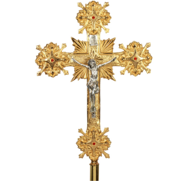 Croce astile artistica in fusione ottone dorata - AR