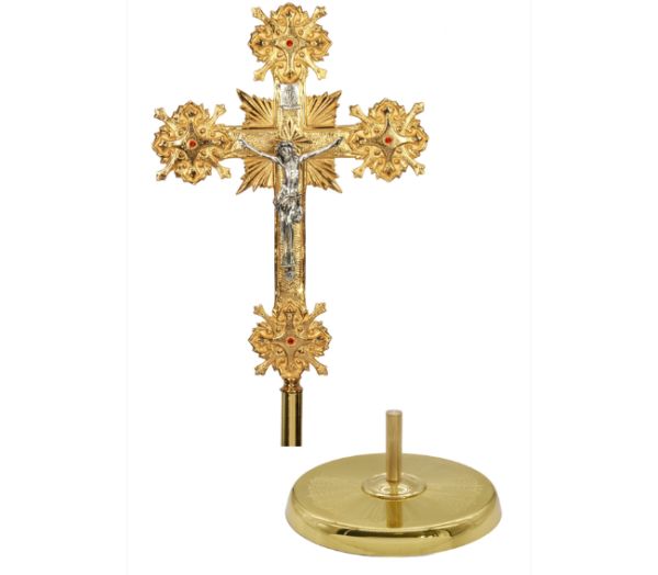 Croce astile artistica in fusione ottone dorata - AR - immagine 2