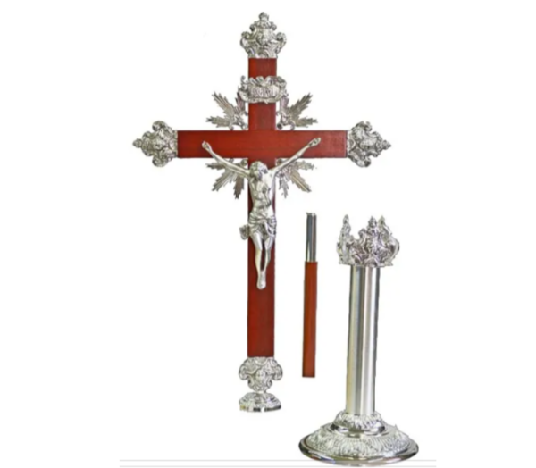 Croce astile con cartocci laterali in ottone argentato- AR