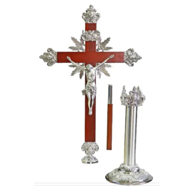 Croce astile con cartocci laterali in ottone argentato- AR