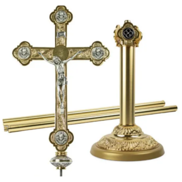 Croce astile in fusione di ottone con disegni di foglie - AR