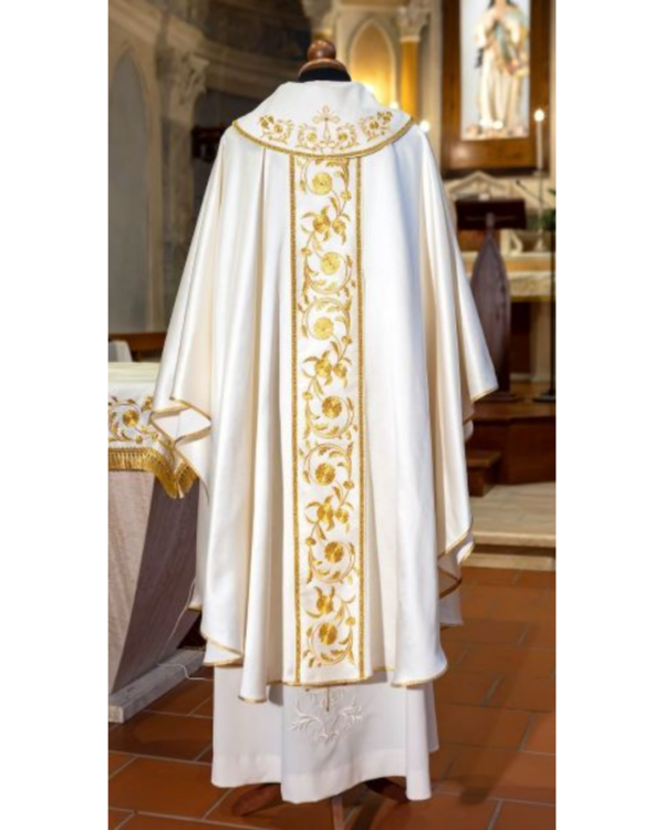 Casula sacerdotale barocca in cotone setato, collo ad anello e pietre preziose - AR - immagine 2