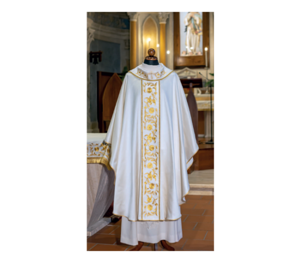 Casula sacerdotale barocca in cotone setato, collo ad anello e pietre preziose - AR