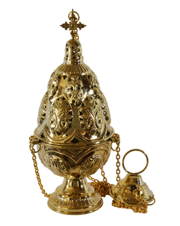 Turibolo in ottone lucido con decorazioni intarsiate<br /><br />