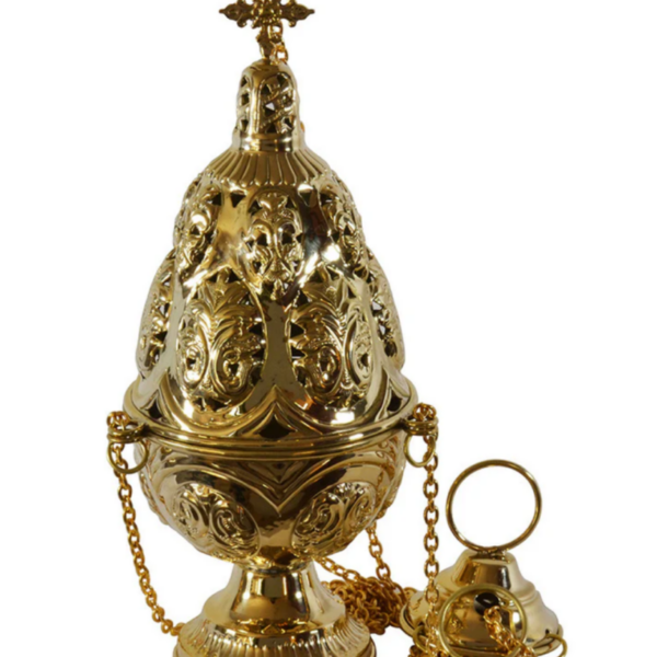 Turibolo in ottone lucido con decorazioni intarsiate<br /><br />