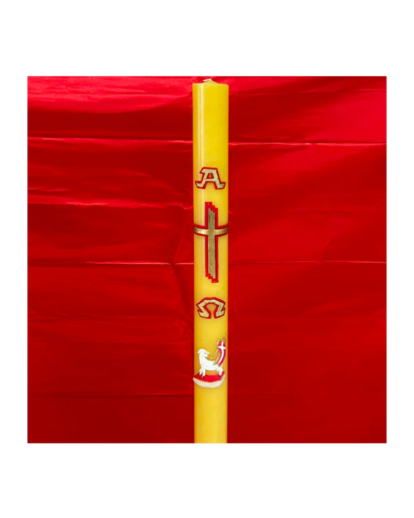 Cero pasquale in cera d'api con rilievo Croce Agnello simboli Alfa e Omega (80x100 cm)