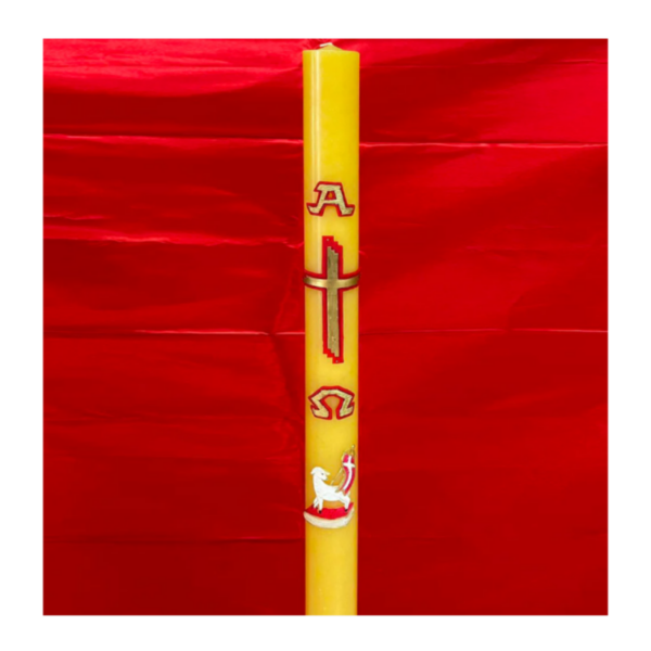 Cero pasquale in cera d'api con rilievo Croce Agnello simboli Alfa e Omega (80x100 cm)