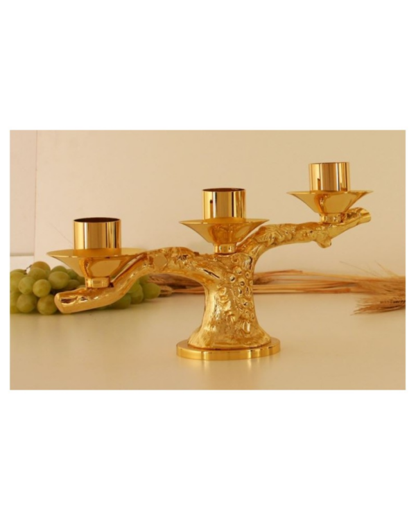 Lumiera in ottone dorato a 3 fiamme, decoro grappolo d'uva
