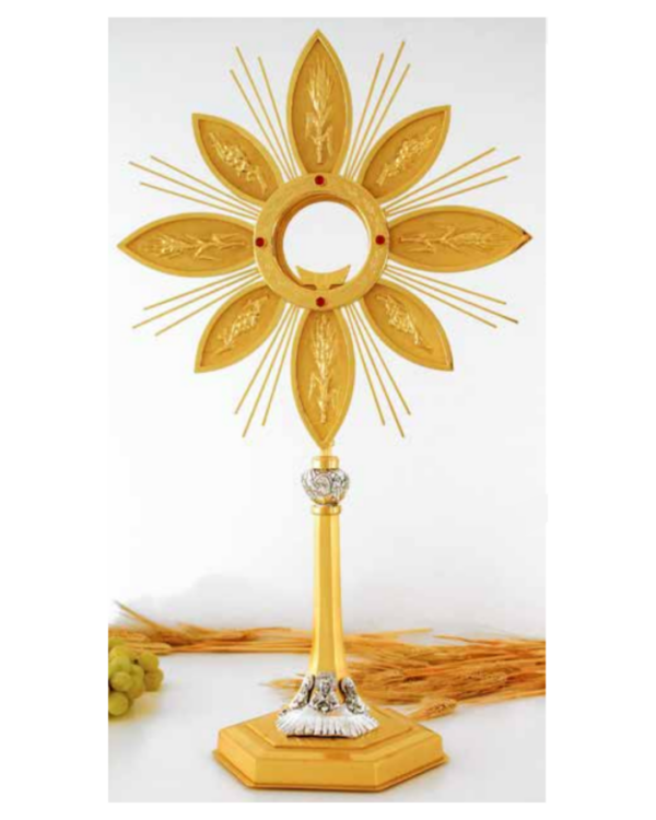 Ostensorio raggiera cesellata con simboli uva e spighe - placcato in oro 24 Kr